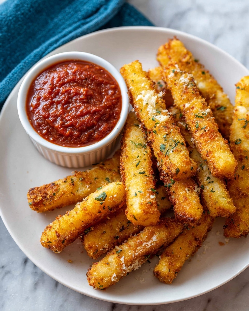 On a white plate over a white marbled surface, there are eight golden brown fried sticks arranged loosely in a pile, each stick showing a crispy texture with small green herb specks and some white melted cheese spots visible. At the top left of the plate, a small white ramekin cup filled with thick, chunky, dark red marinara sauce strongly contrasts with the fried sticks. In the background, a folded blue cloth is partially visible. The photo taken with an iphone --ar 4:5 --v 7