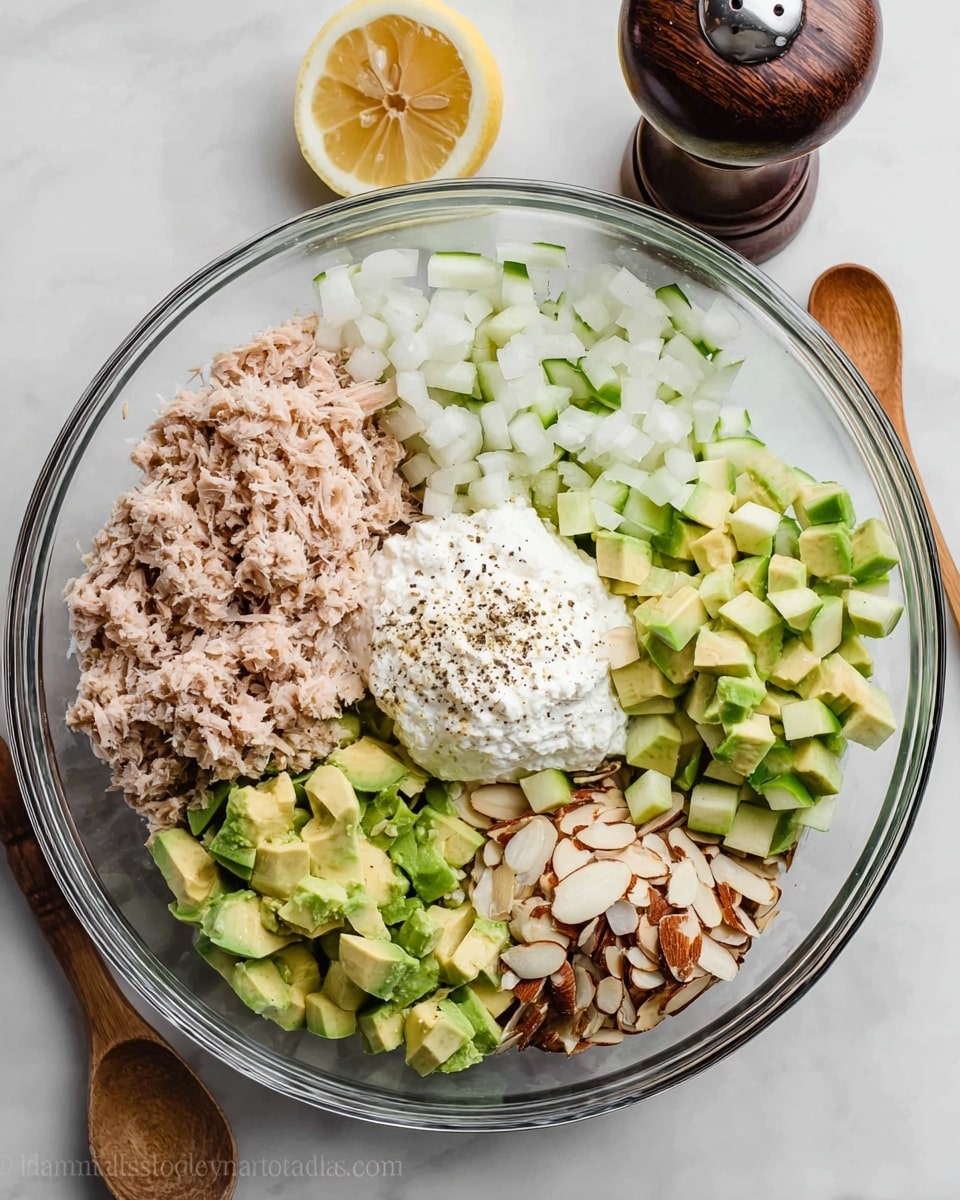 A clear glass bowl sits on a white marbled surface and holds six separate piles of ingredients arranged in a circle. Starting from the bottom left, there is a pile of light brown shredded tuna, next to it on the bottom right, small cubes of green apple with white inside, then on the top right, a heap of sliced almonds with a brown edge and beige center. Moving to the top center, diced avocado pieces in different shades of green, followed by finely chopped white onions on the top left, and in the center, a creamy white dollop of mayonnaise sprinkled with ground black pepper. A wooden spoon and half a lemon sit near the bowl with a dark wooden pepper grinder behind it. Photo taken with an iphone --ar 4:5 --v 7