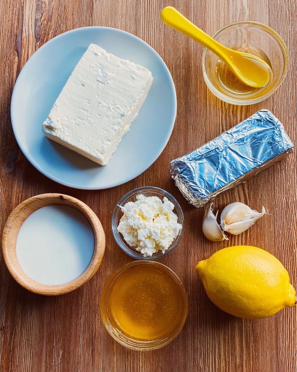 The image shows a wooden surface with seven items arranged neatly: a white block of cheese on a white plate, a yellow spoon filled with smooth white yogurt, a wrapped silver block of butter, a whole bright yellow lemon, a small wooden bowl holding white salt, a small glass bowl filled with golden honey, and a single peeled garlic clove. The items are evenly spaced, each with clear textures visible, such as the smoothness of yogurt, crumbles on the cheese, and the shine on the honey. Photo taken with an iphone --ar 4:5 --v 7
