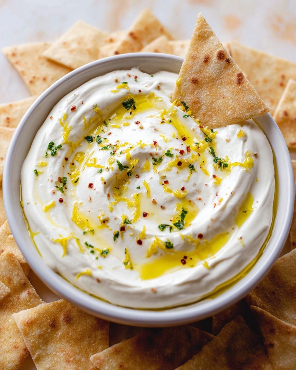 A white creamy dip fills a single layer inside a round white bowl, swirled smoothly with soft waves on top. The dip is garnished with small green herb bits, scattered bright yellow zest, and a drizzle of light golden oil, adding color and texture contrast. One triangular chip, light tan with small dark specks, rests halfway dipped on the right edge of the bowl. Around the bowl, more chips lie flat against a white marbled surface, creating a casual and inviting scene. Photo taken with an iphone --ar 4:5 --v 7