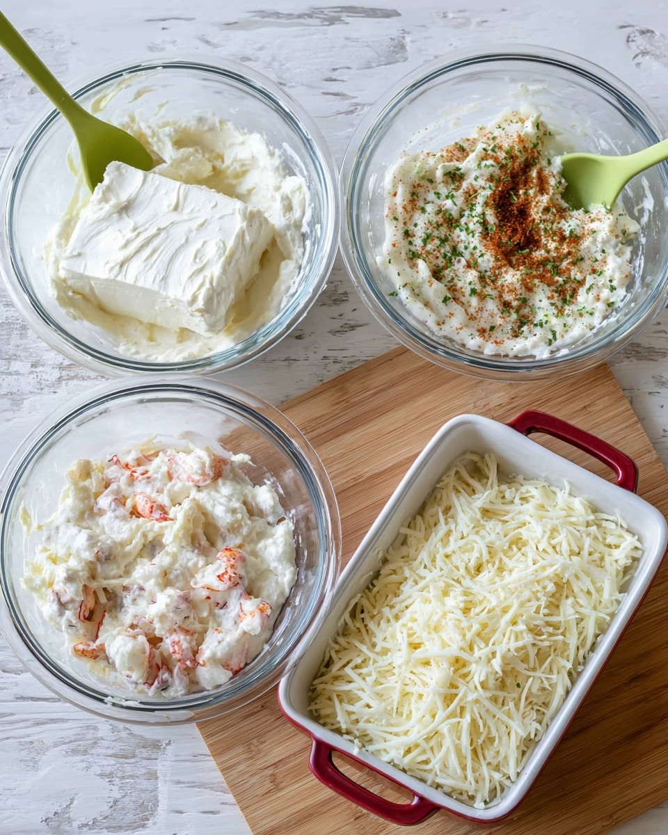 A clear glass bowl with a block of white cream cheese and dollops of thick white sour cream on a wooden surface with a white marbled texture in the background, followed by the same bowl filled with a mixture of sour cream, cream cheese, grated white cheese, chopped green herbs, brown spices, and red sauce, all gently stirred with a green spoon. Next, the bowl holds a creamy white mix with chunks of pinkish cooked lobster meat stirred in by a green spoon. Finally, a white rectangular baking dish with red handles shows the creamy lobster mixture spread evenly and topped with shredded white cheese in soft layers, ready to be baked photo taken with an iphone --ar 4:5 --v 7