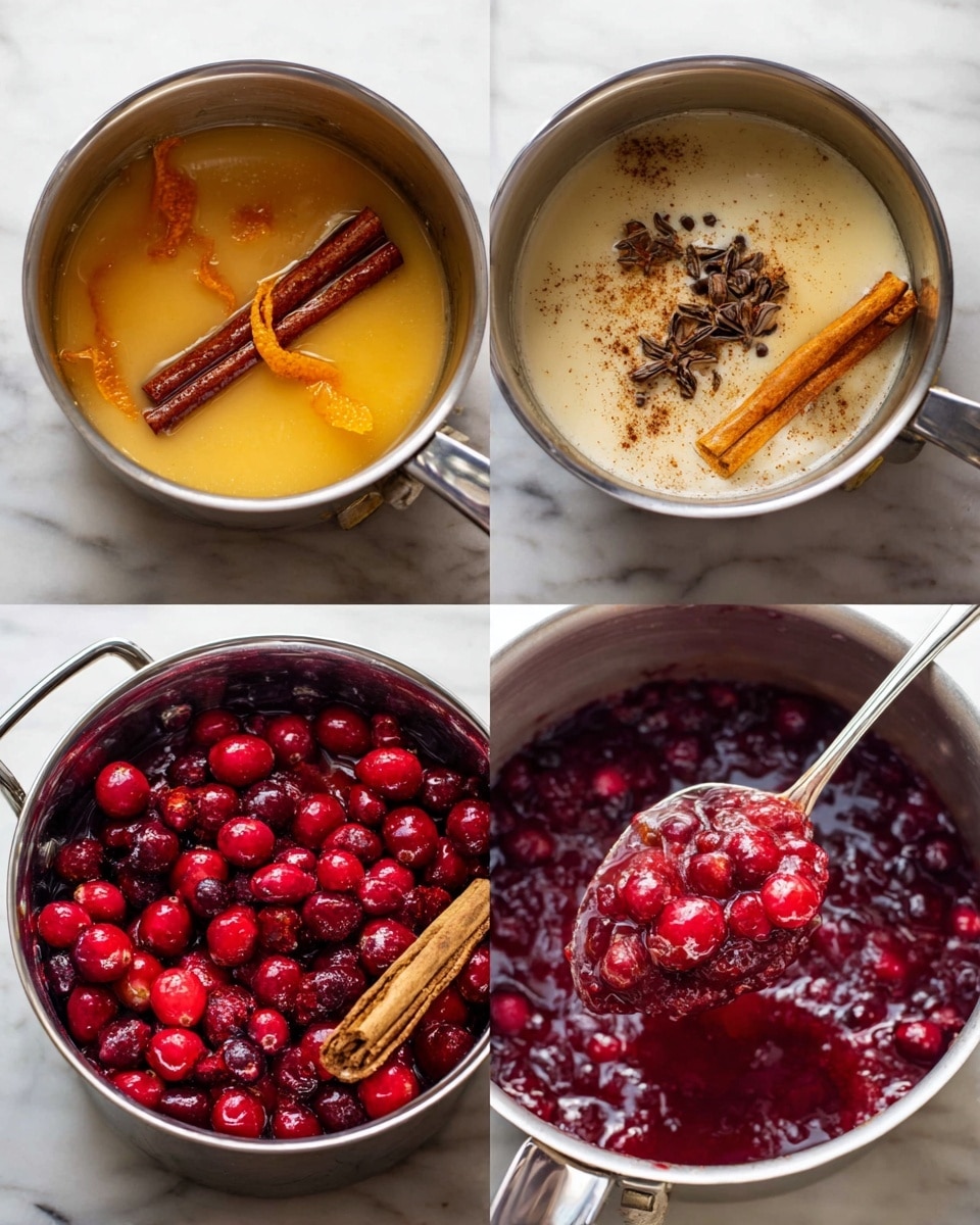 The image shows a cooking process in four pots on a white marbled texture. The first pot has a light orange-yellow liquid with a cinnamon stick and orange zest on top. The second pot contains a creamy light beige liquid with dark brown spices and a cinnamon stick. The third pot is filled with bright red whole cranberries. The fourth pot has simmered cranberries in a deep red sauce with a cinnamon stick, and a silver spoon is lifting some sauce and cranberries. Photo taken with an iphone --ar 4:5 --v 7