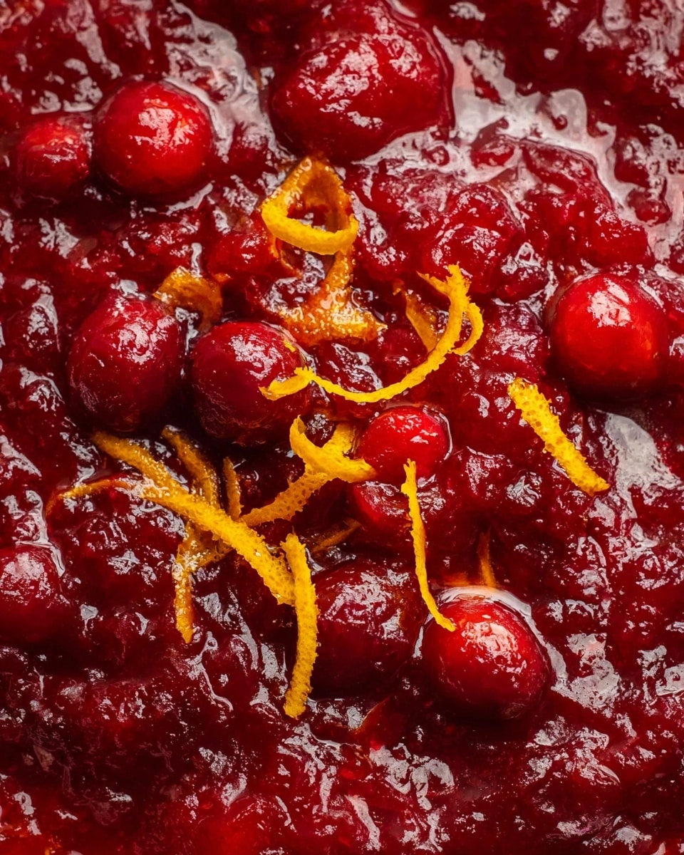 The image shows a close-up of a red cranberry sauce with whole cranberries and a shiny, slightly chunky texture. Bright orange thin strips of orange zest are scattered on top, adding contrast to the deep red color. The mixed textures show some berries still round and firm, while others look softened and broken down. The surface beneath the sauce is a white marbled texture. photo taken with an iphone --ar 4:5 --v 7