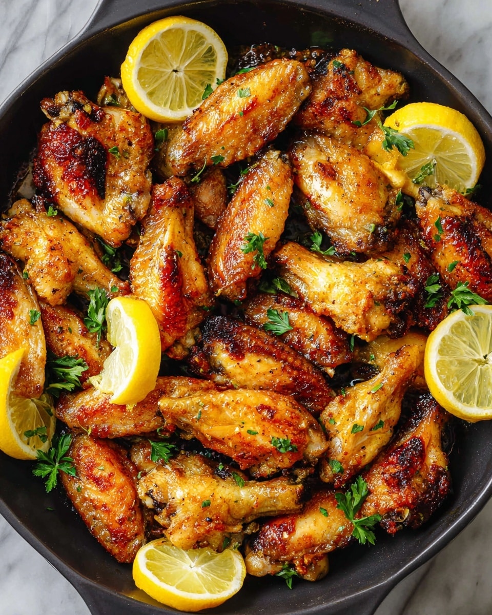 The image shows a dark pan filled with golden-brown chicken wings, arranged closely together. The wings have a crispy skin with a slightly shiny texture, showing some blackened spots from cooking. Scattered between the wings are thin lemon slices with bright yellow peel and pale yellow inner flesh. Small sprigs of fresh green parsley are also spread over and around the chicken, adding a touch of color contrast. The pan and food are set against a white marbled background. photo taken with an iphone --ar 4:5 --v 7