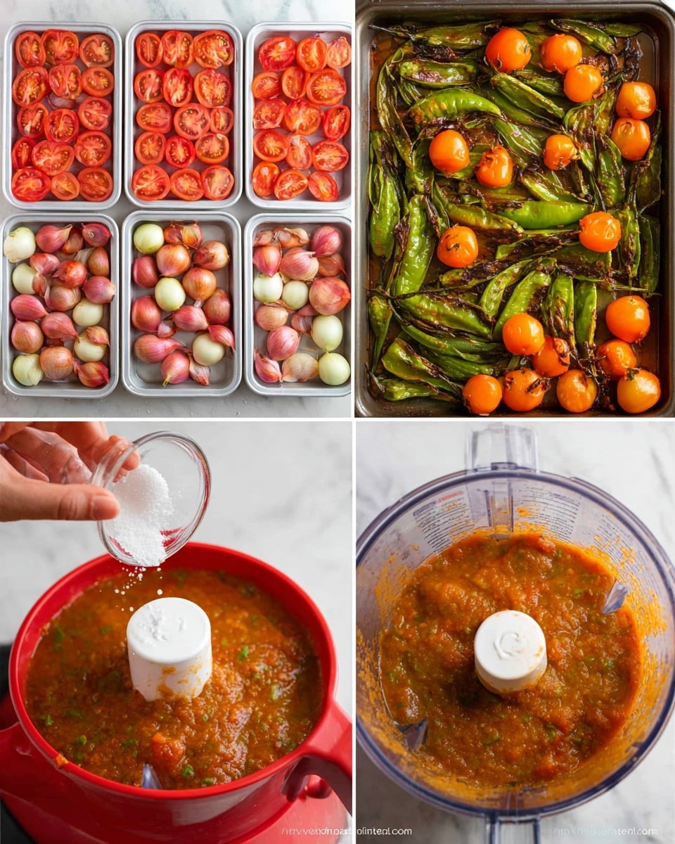 The collage shows six steps of making a sauce. The first image has three white baking trays filled with fresh vegetables: sliced tomatoes in red and pink shades cover most trays, alongside green chili peppers and white peeled garlic cloves on the first tray. The second and third images show the vegetables after roasting, with charred green chili peppers, slightly blackened garlic, and softened, darkened tomatoes. In the fourth image, the roasted vegetables are inside a transparent food processor bowl, with the tomatoes bright orange, and the chili peppers and garlic on top. The fifth shows a close-up of a woman's hand pouring white salt from a small clear dish into the food processor, which contains a chunky orange mixture. The sixth image reveals a smooth reddish-brown sauce filled with green specks, in a white marbled background, with the sauce now in a red mixing bowl. Photo taken with an iphone --ar 4:5 --v 7