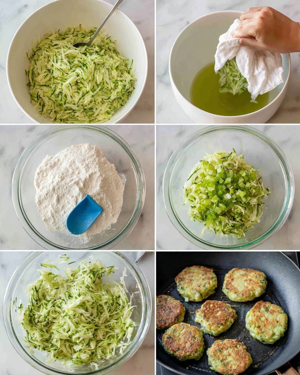 The image collage shows six steps for making a zucchini dish. The first shows a white bowl filled with shredded green zucchini mixed evenly, with a spoon on the side. The second has a woman's hand squeezing a white cloth filled with zucchini above a white bowl, releasing green liquid. The third shows shredded zucchini with small light green chopped pieces on top in a clear glass bowl on a white marbled surface. The fourth shows the same shredded zucchini with a large pile of white flour on top in the glass bowl. The fifth image shows a blue scoop scooping a creamy mix from the glass bowl, with visible zucchini pieces. The sixth image shows four round, light green zucchini patties frying in hot oil on a black pan. photo taken with an iphone --ar 4:5 --v 7