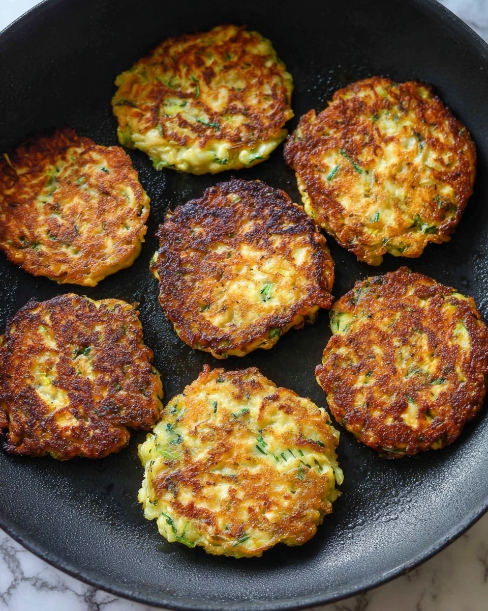 The image shows six golden brown fritters cooking in a black pan. Each fritter is round and roughly the same size, with a crispy, slightly uneven texture on the surface. The fritters have a mix of light golden and darker brown areas with visible green flecks, showing small pieces of herbs or veggies inside. The texture looks crunchy on the edges and softer toward the center. The pan's surface is matte and black, contrasting with the warm colors of the fritters. The background is a white marbled texture. Photo taken with an iphone --ar 4:5 --v 7