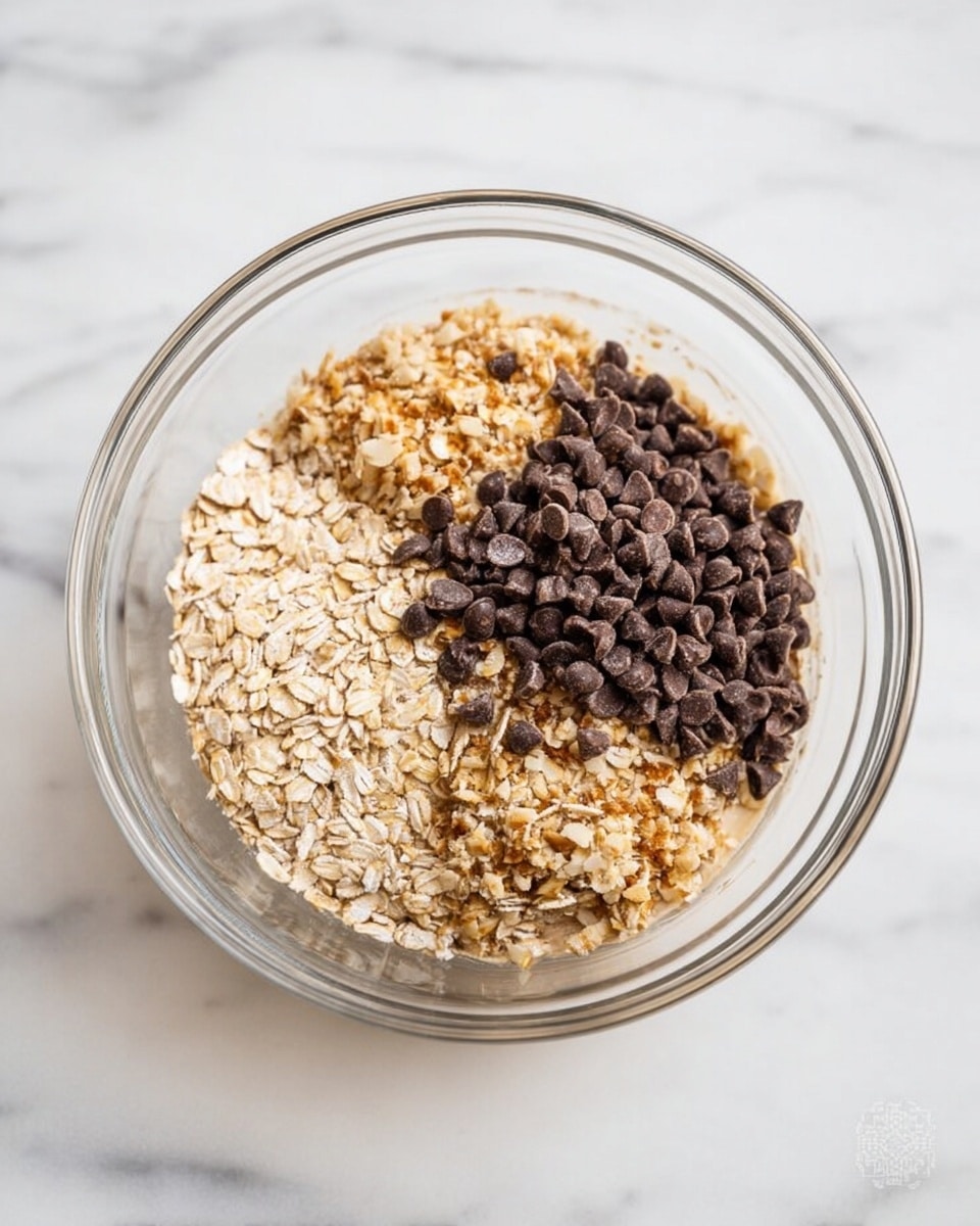 A clear glass bowl sits on a white marbled surface, filled with three distinct layers of ingredients. The bottom layer is light beige with a sticky texture, topped evenly with small rolled oats in a pale brown color. On one side, there is a layer of finely chopped light brown nuts, and on the other side, a pile of dark brown chocolate chips forms a small mound. The bowl's transparent nature shows the layers clearly from above. Photo taken with an iphone --ar 4:5 --v 7
