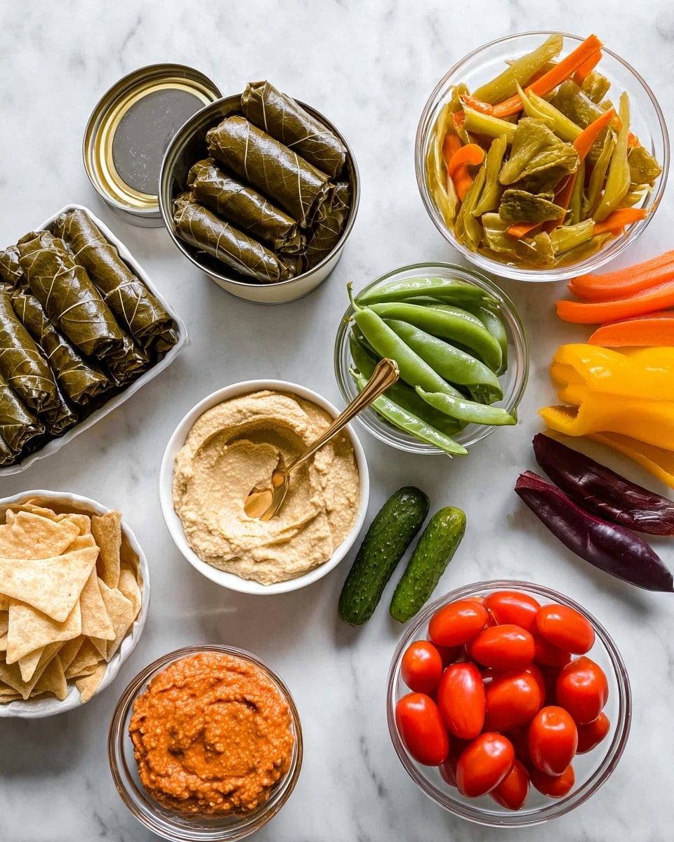 The image shows a top view of a food arrangement on a white marbled background with several clear glass bowls and white bowls. Starting from the top left, there is an open can filled with dark green rolled grape leaves placed tightly. Next to it on the right is a clear glass bowl filled with yellow, light green, and orange crispy vegetable sticks. To the right again is another clear glass bowl holding fresh green snap peas. Below these, a white bowl filled with smooth light beige hummus has a gold spoon resting inside. On the left side below the can is a clear glass bowl of light golden pita chips. Below that is a white bowl of chunky reddish-orange dip. Between the two dips are two small dark green cucumbers. To the right of the cucumbers is a clear glass bowl filled with bright red grape tomatoes. Around the edges lie some whole small colorful carrots in orange, yellow, and purple, along with an orange bell pepper. The arrangement is neat and colorful, with contrasting textures and fresh look. Photo taken with an iphone --ar 4:5 --v 7