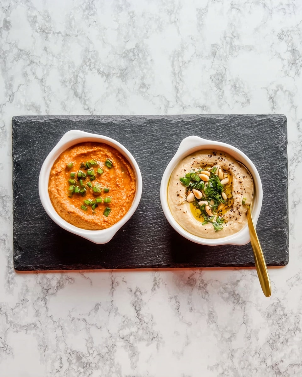 Two small white bowls are placed on a dark rectangular slate board on a white marbled surface. The bowl on the left contains a smooth orange dip with some green herb pieces sprinkled on top. The bowl on the right holds a creamy beige dip garnished with a drizzle of olive oil, pine nuts, chopped green herbs, and a sprinkle of dark spice. A gold spoon rests inside the right bowl, its handle pointing to the right. photo taken with an iphone --ar 4:5 --v 7