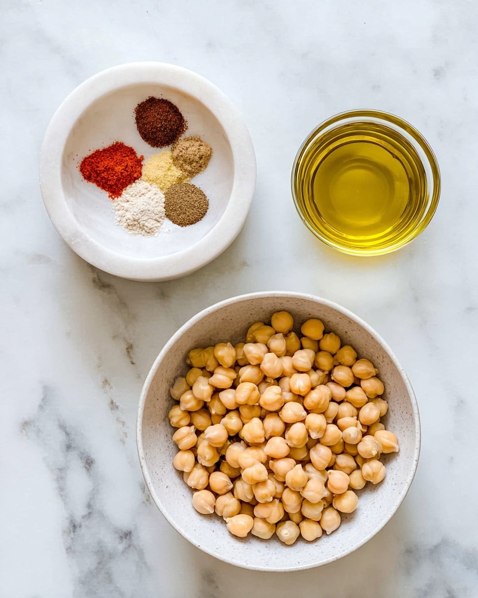 The image shows three white containers on a white marbled surface. The largest container at the bottom is a white bowl filled with light beige chickpeas. Above and to the left is a white marble mortar holding small piles of spices in different colors: red, pale beige, light brown, dark brown, and white. To the right of the mortar is a clear small glass cup filled with golden yellow olive oil. The arrangement is clean and simple, with the colors standing out against the white marbled background photo taken with an iphone --ar 4:5 --v 7
