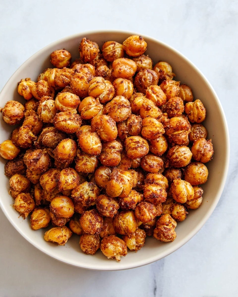 A close-up view of roasted chickpeas spread out on a white marbled surface, each chickpea golden brown with a crispy texture, coated evenly with a dark reddish-brown spice mix. The chickpeas are packed closely together at the bottom of the image and scatter more sparsely toward the top, showing the crisp spice granules sprinkled around in between. The lighting highlights the rough texture of the roasted chickpeas and the fine grain of the spices, creating a warm and inviting look. photo taken with an iphone --ar 4:5 --v 7