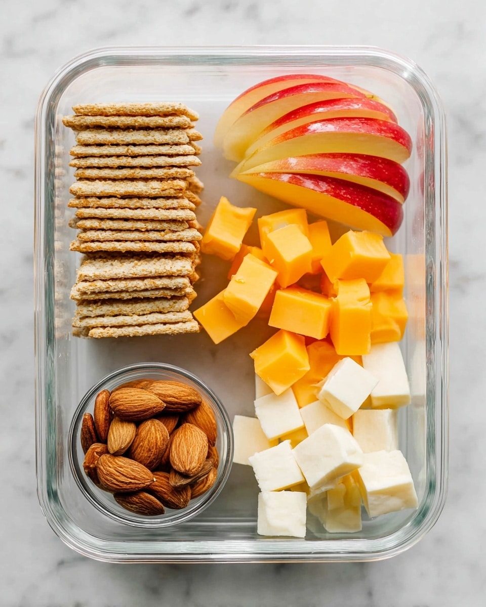 A clear glass container holds a neat arrangement of snack items on a white marbled surface. At the top right, there are several thin red apple slices with shiny skin, layered slightly overlapping. To the right center, bright orange cheddar cheese cubes are stacked evenly. Below the cheddar, creamy white cheese cubes are grouped together. To the left side, rectangular wheat crackers are stacked upright in two rows. At the bottom left, a small round glass bowl contains whole brown almonds. photo taken with an iphone --ar 4:5 --v 7