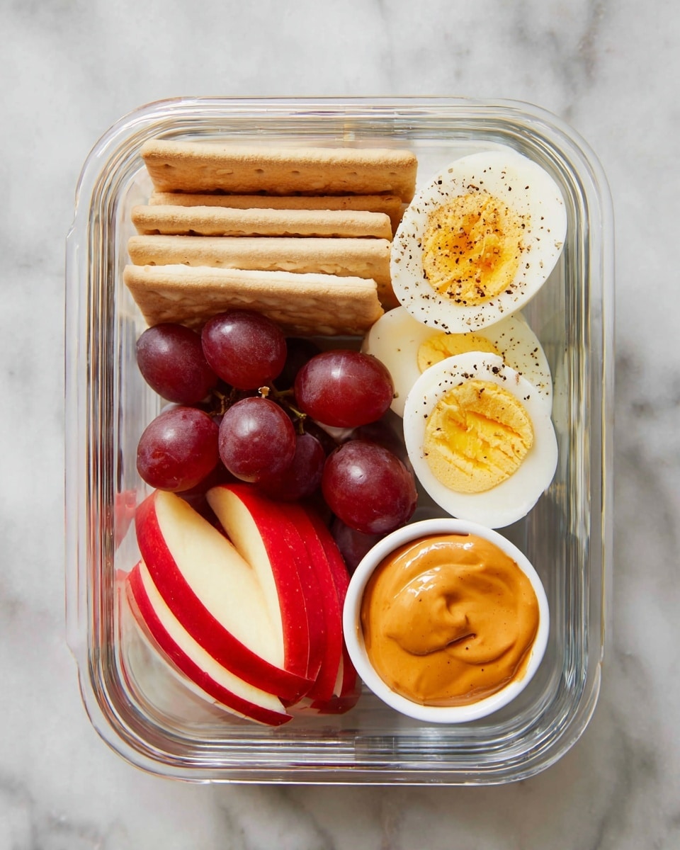A clear glass container holds a colorful meal arranged in separate sections. On the left, there are several rectangular beige crackers standing upright next to two cream-colored cheese sticks. In the middle, dark red grapes sit on bright red apple slices. At the top right, a hard boiled egg is sliced in half, showing a yellow yolk and white edges sprinkled with black pepper. At the bottom right, a small round white bowl contains smooth orange peanut butter. The container is placed on a white marbled surface. photo taken with an iphone --ar 4:5 --v 7