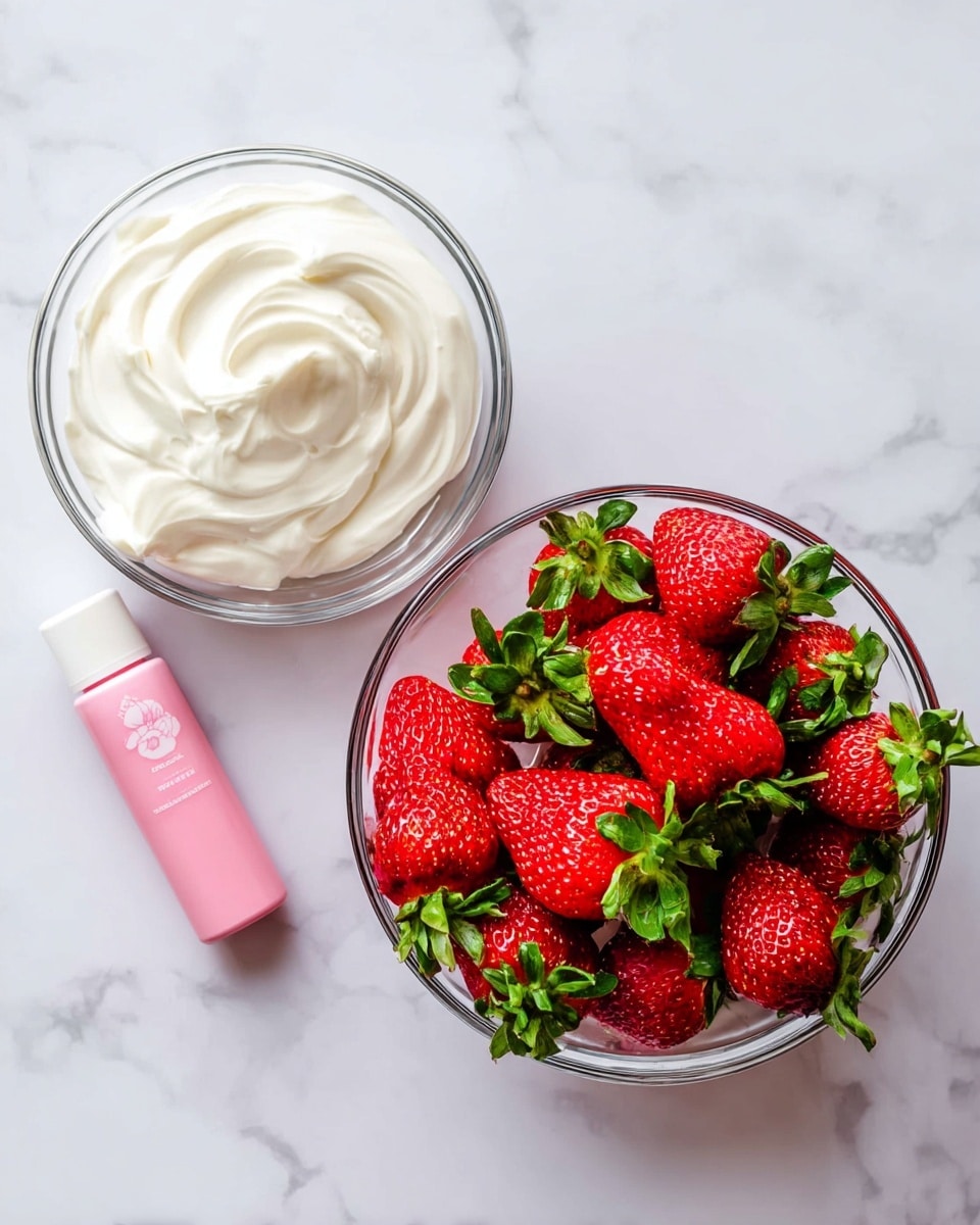 The image shows two clear glass bowls on a white marbled surface. The bowl on the right is filled with bright red strawberries with green leaves, tightly packed and taking up most of the bowl. The bowl on the left contains a thick, smooth white cream, slightly swirled on top. Near the bowls, there is a small bottle of pink food coloring with a white cap and a pink label. The overall scene is bright and clean with a fresh look photo taken with an iphone --ar 4:5 --v 7