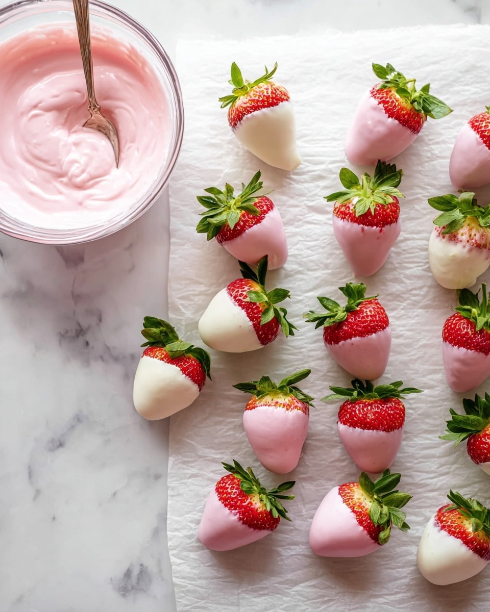 The image shows a white marbled surface holding a sheet of parchment paper with 14 strawberries partially dipped in smooth, pastel pink and white coatings. The strawberries are arranged in a loose grid with their green leaves facing upward, showing two layers on each berry: the red fruit with green leafy tops on top, and the smooth coating covering about two-thirds of each strawberry from the bottom up, some in light pink and others in white. On the left bottom corner, a clear glass bowl contains more of the pink coating with a spoon resting inside it. The whole scene is bright and clean, with strong natural light highlighting the glossy texture of the coatings. Photo taken with an iphone --ar 4:5 --v 7