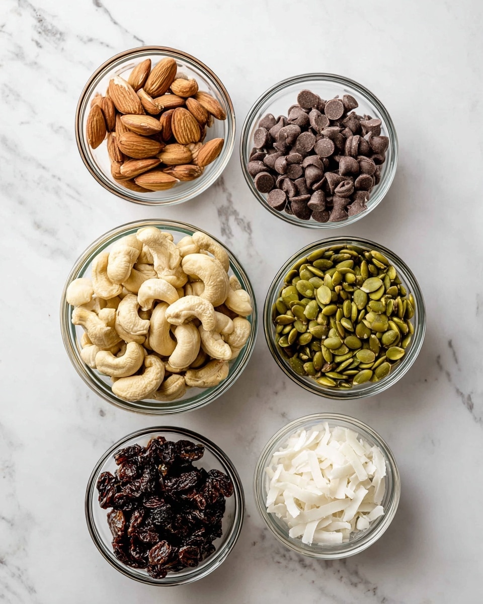 The image shows five clear glass bowls placed on a white marbled surface, each bowl filled with different nuts and seeds. Starting from the top left, the first bowl contains light brown sliced almonds with fine texture. To its right, a bowl holds many small, smooth, dark brown chocolate chips. Below the almonds bowl, there is a larger bowl filled with whole cashews that are light tan and curved. To the right of the cashews, a bowl is filled with green pumpkin seeds that are flat and shiny. Lastly, below the cashews and pumpkin seeds, two smaller bowls are present: one on the left filled with dark raisins that have a wrinkled texture, and another on the right containing white coconut flakes with a soft, thin appearance. Photo taken with an iphone --ar 4:5 --v 7