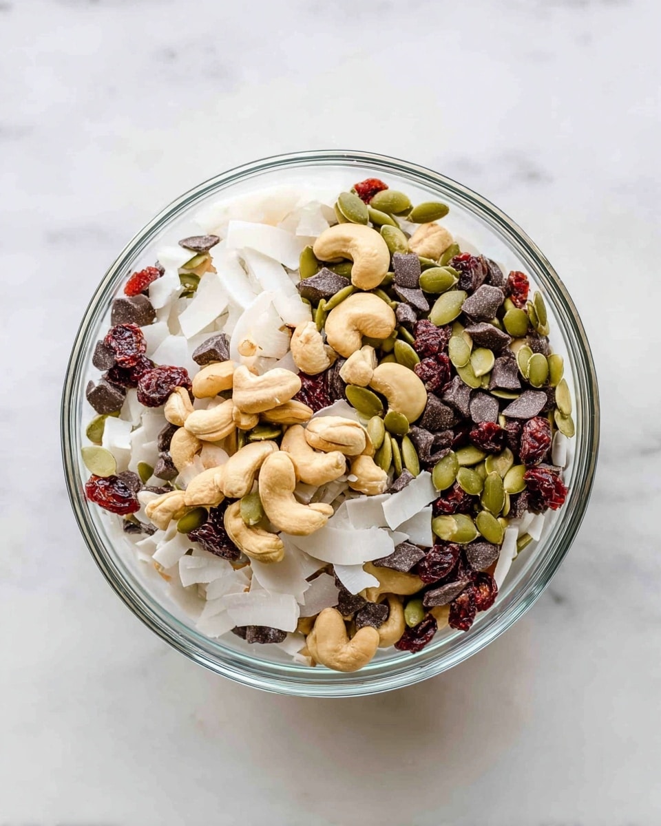 A clear glass bowl sits on a white marbled surface, filled with a mix of nuts and dried fruits. The mix has three main layers: the bottom layer shows a base of sliced coconut pieces that are white and thin; the next layer is scattered with green pumpkin seeds and dark brown chocolate chips; and the top layer is filled with light beige cashew nuts and small reddish dried cranberries, giving the mix a varied texture and color. The bowl is full, with the ingredients slightly piled up in the center. photo taken with an iphone --ar 4:5 --v 7