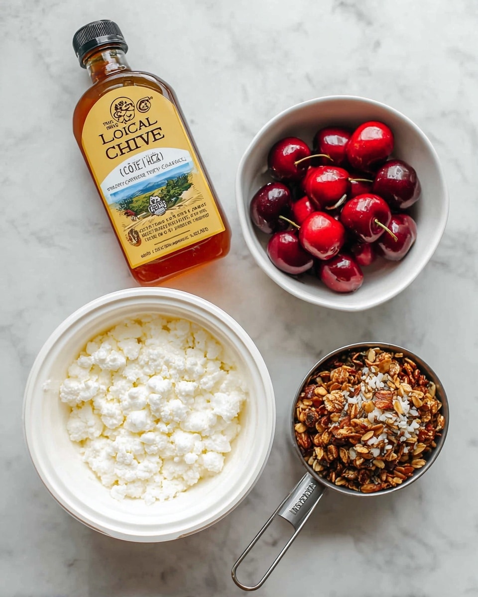 The image shows an open white container of lowfat cottage cheese with small curds, placed at the bottom of the frame, revealing its creamy white texture inside. To the right of the cottage cheese is a small metal measuring cup filled with granola, which has a rough, chunky texture in shades of brown with visible seeds and nuts. Above the granola is a white bowl holding bright red cherries, some with stems, with a shiny and smooth surface. To the left of these items is a clear honey bottle with a black cap, filled with amber-colored honey and a yellow label that reads