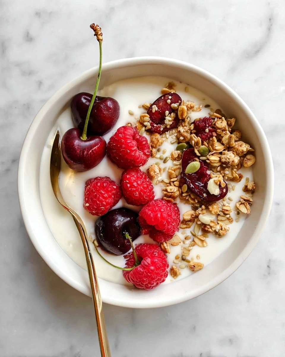 A white bowl filled with creamy yogurt as the base layer, topped with fresh bright red raspberries and dark red cherry halves with one whole cherry on top showing its green stem, sprinkled with crunchy golden brown granola with visible seeds. A gold spoon rests inside the bowl on the left side. The bowl is set on a white marbled surface photo taken with an iphone --ar 4:5 --v 7