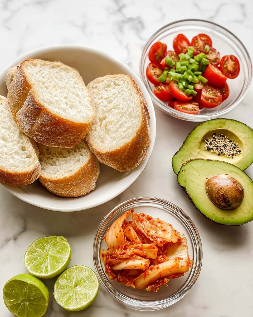 A white bowl filled with several thick slices of crusty bread shows a pale golden crust and soft inside. Next to it, a clear glass bowl holds bright red halved cherry tomatoes and green chopped scallions on top. Below that is another clear glass bowl with reddish-orange kimchi, showing layered texture and slight shine. To the left is a small clear glass bowl filled with tan and black sesame seeds. At the bottom left are two lime halves, with bright green skin and pale green juicy inside. On the right are two avocado halves, one with its large brown seed and the other showing smooth light green flesh with darker green skin. Everything is placed on a white marbled surface. Photo taken with an iphone --ar 4:5 --v 7