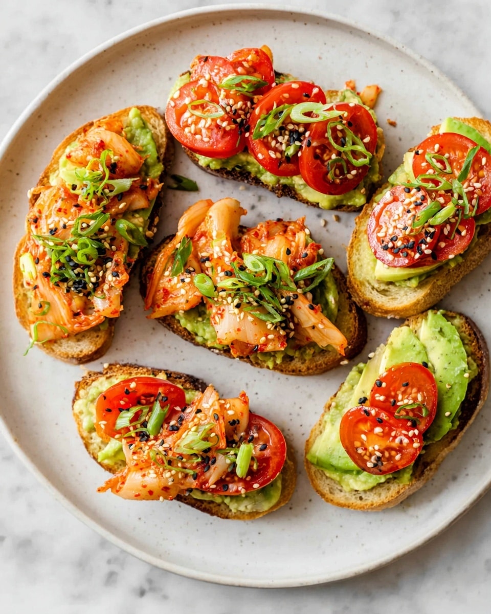 There are six small slices of toasted bread on a white plate. Each slice has a layer of green avocado spread, topped with pieces of orange-red kimchi and bright red cherry tomato slices. Some slices are also garnished with a few green onion rings. White and black sesame seeds are sprinkled over the top, adding texture and contrast. The plate rests on a white marbled surface. photo taken with an iphone --ar 4:5 --v 7