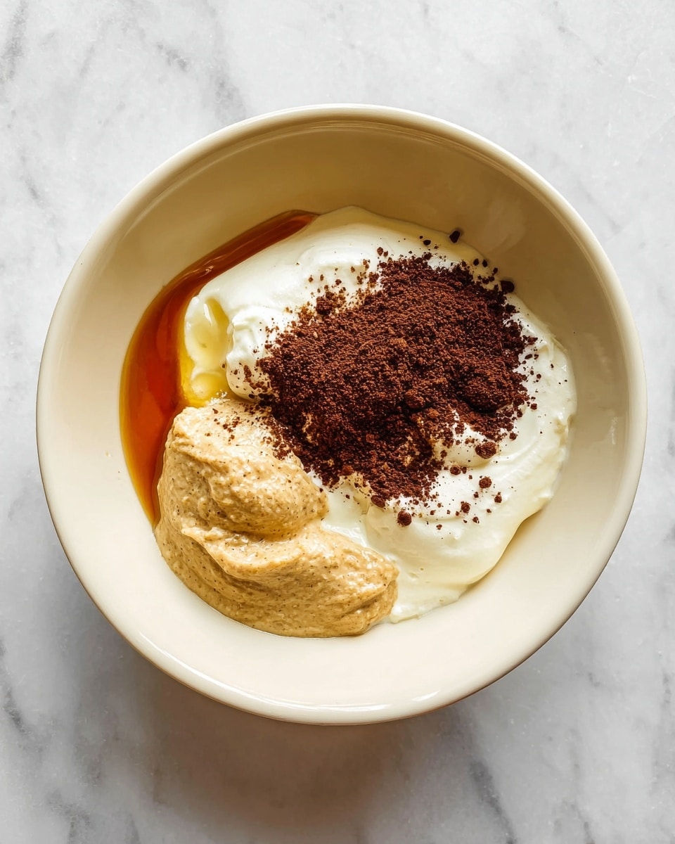 Inside a white bowl, there are four main layers arranged side by side: a thick, creamy white layer takes the largest space in the middle, next to it is a light brown dollop with a slightly rough texture, a pool of shiny amber liquid flows on the left side, and on top of the creamy white layer, there is a pile of fine dark brown powder lightly sprinkled around. The bowl is placed on a white marbled surface. photo taken with an iphone --ar 4:5 --v 7