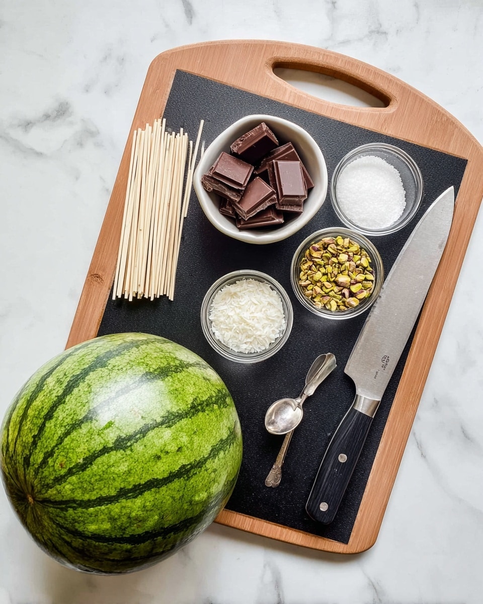 A black cutting board with a light brown edge sits on a white marbled surface. On the cutting board, there is a small white bowl filled with dark brown chocolate squares. Next to it, a small silver spoon rests beside a neat stack of light wooden sticks. Above these, three small glass bowls hold white salt flakes, white shredded coconut, and crushed pistachios, arranged from left to right. To the right is a large kitchen knife with a black handle. A whole green watermelon with dark green stripes is placed to the left of the cutting board. photo taken with an iphone --ar 4:5 --v 7