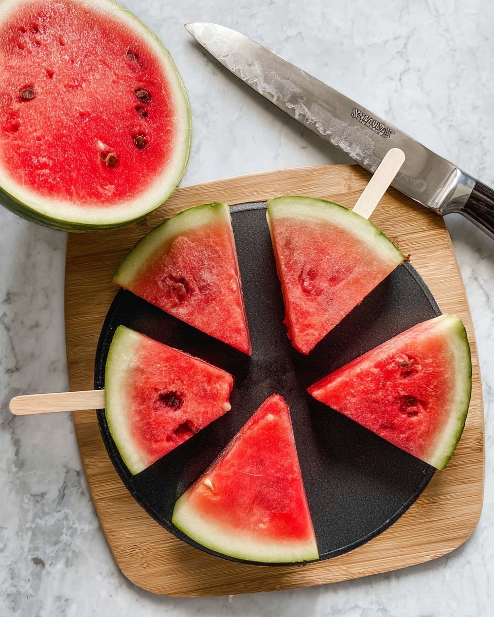 The image shows a wooden cutting board with a black center and light brown border, placed on a white marbled surface. On the board, there are bright red watermelon pieces with light green edges arranged in a circle. Four slices are cut like a pizza, two of them have wooden sticks inserted, turning them into watermelon popsicles. To the left, there is a half watermelon with a bright red inside showing seeds. A large silver knife with a black handle is placed on the right side of the board. The colors of the watermelon are deep red with small black and white seeds and light green rind. photo taken with an iphone --ar 4:5 --v 7