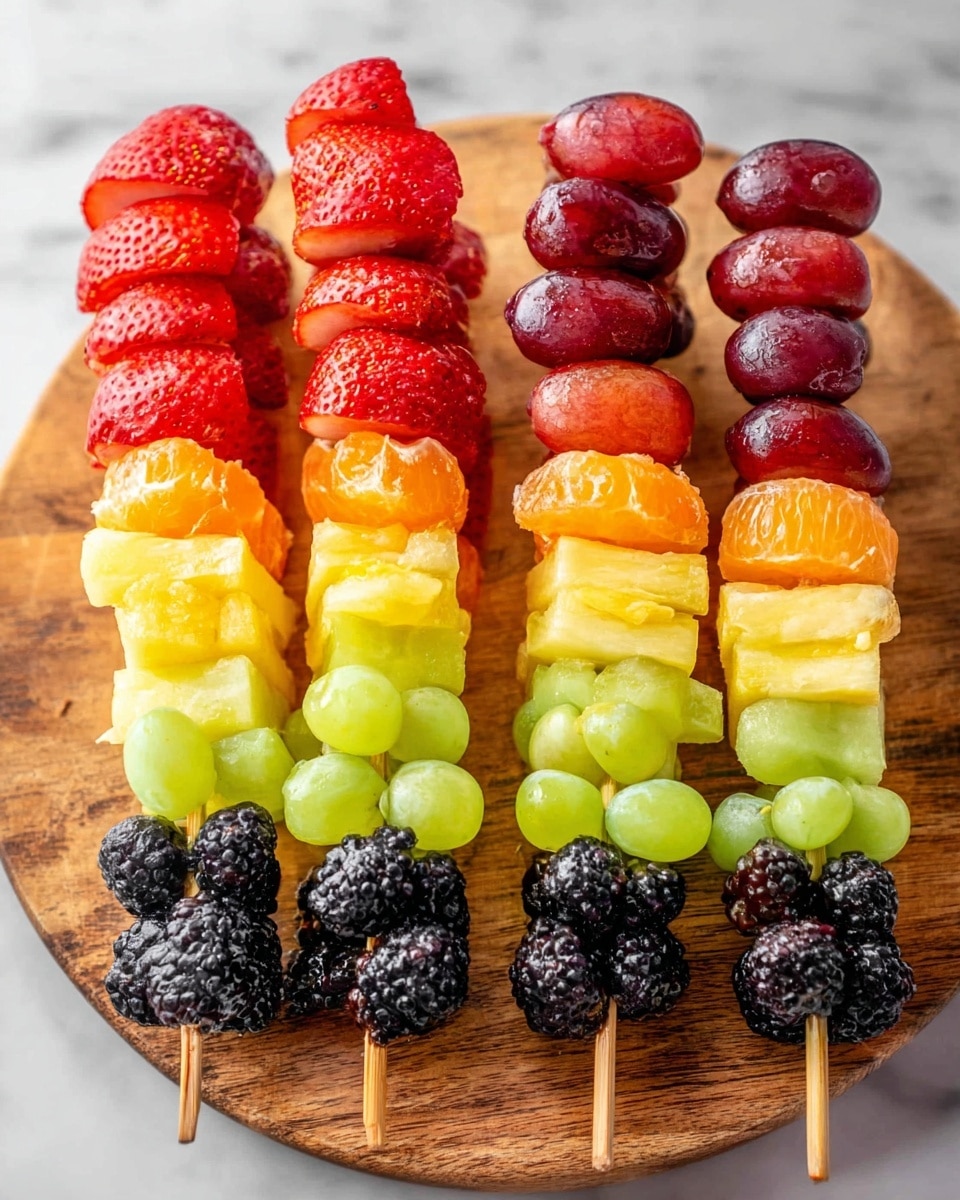 This image shows five fruit kebabs arranged close together on a round wooden board. Each skewer has five layers from bottom to top: bright red strawberries with a smooth texture, orange mandarin segments with a slightly shiny and bumpy surface, yellow pineapple chunks appearing juicy and textured, light green grapes smooth and round, followed by dark blue blueberries clustered tightly, blackberries with a glossy bumpy texture, and topped with red grapes that are shiny and plump. The background is a white marbled texture. photo taken with an iphone --ar 4:5 --v 7