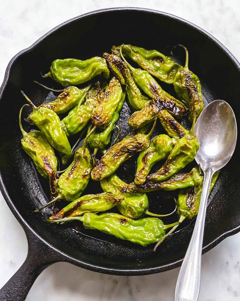 A black cast iron pan filled with about fifteen light green, charred shishito peppers, showing parts with brown grill marks and glossy oil sheen. The peppers are scattered unevenly inside the pan with some stems visible, and there is a silver spoon resting on the right side of the pan. The pan sits on a white marbled surface. photo taken with an iphone --ar 4:5 --v 7