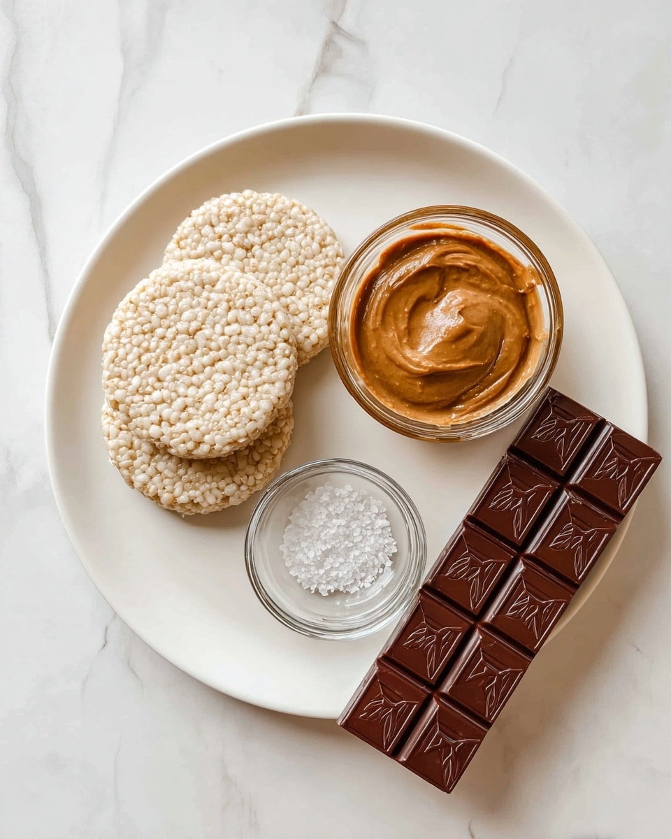 The image shows a white plate on a white marbled surface. On the plate, there are three round rice cakes stacked slightly overlapping on the left side, each with a light beige color and a bumpy texture. On the top right side of the plate, there is a small clear glass bowl filled with thick, light brown peanut butter. Below it, there is a smaller clear glass bowl with white coarse salt. To the right of the plate, a partially unwrapped dark chocolate bar with rectangular segments is placed, showing a shiny surface with leaf designs on each segment. Photo taken with an iphone --ar 4:5 --v 7