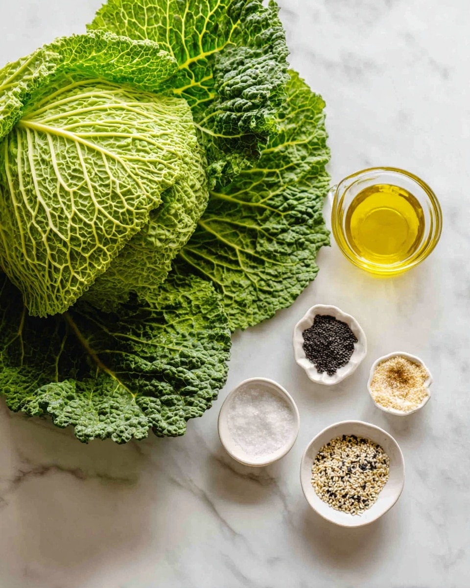 A bright green savoy cabbage with textured, wrinkled leaves is placed on the left side of a white marbled surface. To the right, there is a small clear glass cup filled with golden yellow oil and below that a white bowl containing six spices arranged separately: black seeds, a light beige powder, sesame seeds, coarse salt, white powder, and a mixed seasoning with black and white bits. The scene is well-lit with soft natural light, showing the freshness of the cabbage and the varied colors of the spices photo taken with an iphone --ar 4:5 --v 7