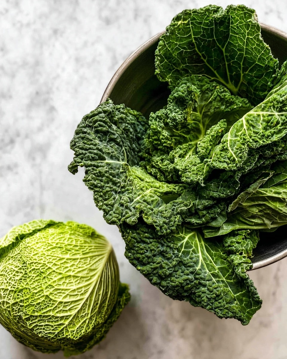The image shows a close-up of fresh green cabbage leaves. On the left, a small round cabbage head with light green, tightly packed crinkled outer leaves is resting on a white marbled surface. On the right, several large dark green cabbage leaves with a textured, bumpy surface fill a silver metal bowl. The leaves inside the bowl have rough veins and slightly curled edges, laying layered and overlapping each other. The scene is bright and natural. Photo taken with an iphone --ar 4:5 --v 7