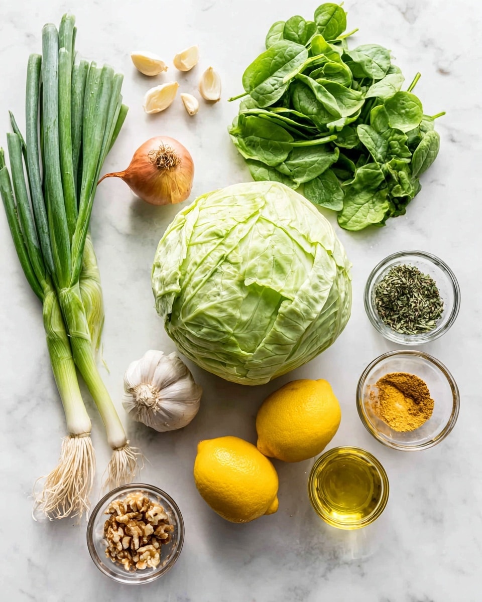 A round, light green cabbage sits near the center on a white marbled surface, surrounded by fresh ingredients. To the left, a bunch of green onions with white roots spread out, next to a small shallot and two peeled garlic cloves. Two bright yellow lemons rest below the cabbage. Several small clear glass bowls hold spinach leaves, fresh green herbs, chopped nuts, olive oil, and nutritional yeast, each showing vivid green, golden, and light brown colors. There is also a small bowl of dried herbs, adding a leafy texture to the arrangement. The scene is bright and clean, with all ingredients carefully placed for a fresh and natural look. photo taken with an iphone --ar 4:5 --v 7
