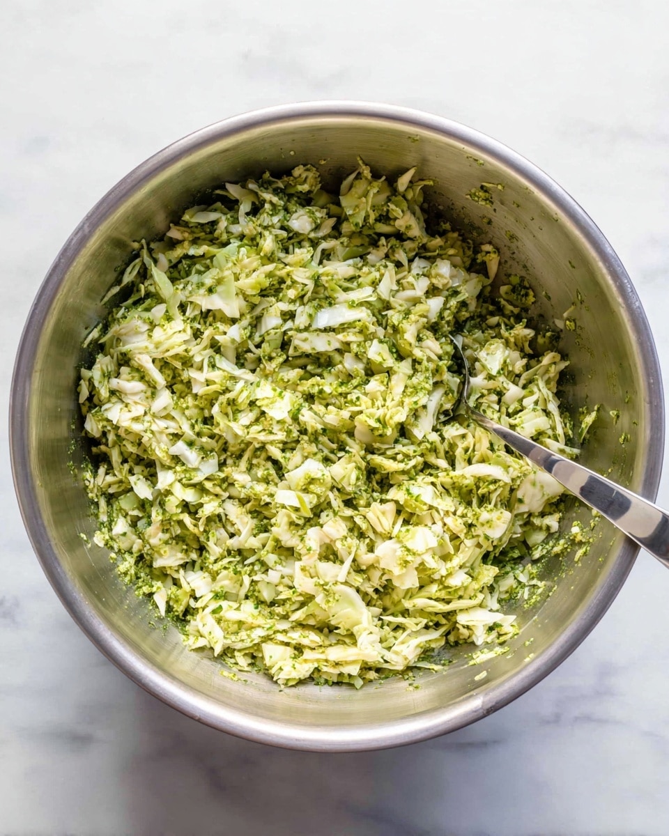A large silver metal bowl filled with finely chopped green cabbage mixed with small pieces of herbs or green sauce, giving the mixture a light green color and a fresh, textured look. The cabbage pieces are small and shredded evenly, filling the bowl evenly. A silver spoon rests inside the bowl on the right side, partially covered by the cabbage mixture. The bowl is placed on a white marbled surface, creating a clean and bright background. photo taken with an iphone --ar 4:5 --v 7