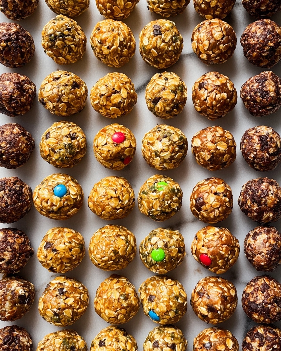 A close-up view of many round energy balls placed in neat rows on a white marbled surface, arranged in eight horizontal lines. Each ball is small and textured with visible oats and other ingredients. The balls show variations in colors and types: the top two lines feature golden brown oats, the next two lines are darker brown, the fifth line has light brown balls with colorful candy-coated pieces embedded, the sixth line includes golden balls with red bits, the seventh line shows medium brown with some green bits, and the last line reveals a mix of light and dark oats with some darker pieces inside. Each ball looks firm and slightly shiny. photo taken with an iphone --ar 4:5 --v 7