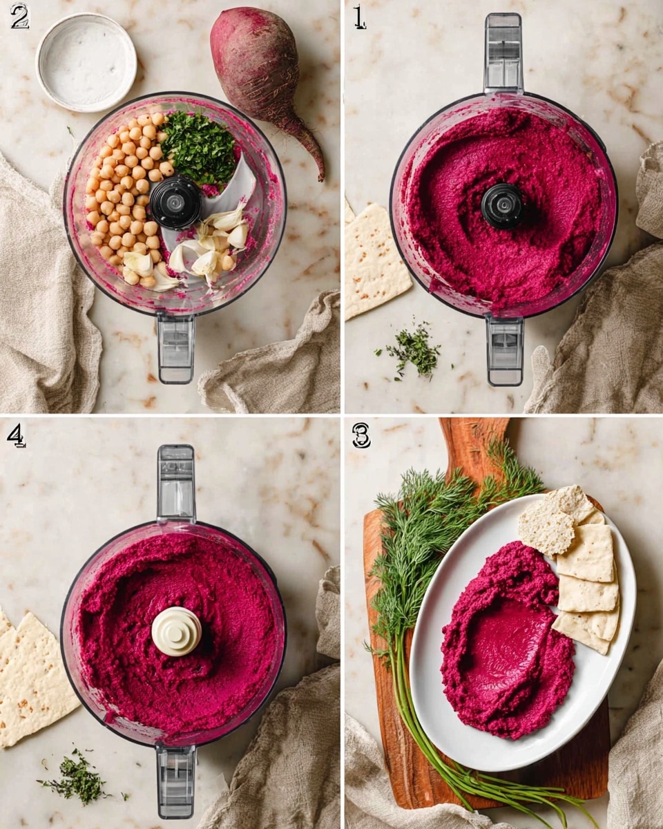 The image shows a four-step process of making beet hummus. Step 1 is an overhead view of a food processor bowl holding whole chickpeas, tahini, garlic cloves, fresh herbs, and a whole raw beet with a rough texture, all placed on a white marbled surface with a beige linen cloth nearby and a white empty plate to the side. Step 2 shows the food processor blending the ingredients into a bright, finely textured deep purple-pink paste. Step 3 is the same top view with the paste now smoother and evenly mixed inside the processor bowl. Step 4 displays the finished beet hummus, vibrantly deep magenta in color with a creamy texture, served in a white oval bowl on a wooden board with fresh green dill sprigs and white flatbread slices, one piece dipped slightly into the hummus, all set against the white marbled background and a light cloth draped casually nearby photo taken with an iphone --ar 4:5 --v 7