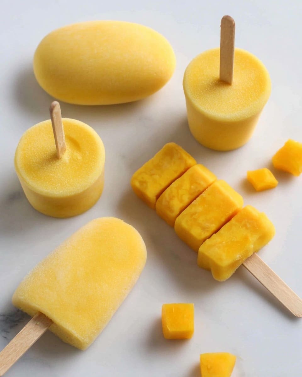There are five yellow frozen pops on a white marbled surface. One is smooth and oval with a wooden stick at the bottom left. Another is round with a flat top and wooden stick coming out from the center, located at the upper middle. A third is a round cup shape with a flat top and a wooden stick in the middle on the right side. The fourth is a sliced popsicle with multiple yellow pieces stacked neatly on the wooden stick in the center. Around the popsicles, there are small orange-yellow cubes that look like fruit pieces scattered on the white marbled surface. photo taken with an iphone --ar 4:5 --v 7