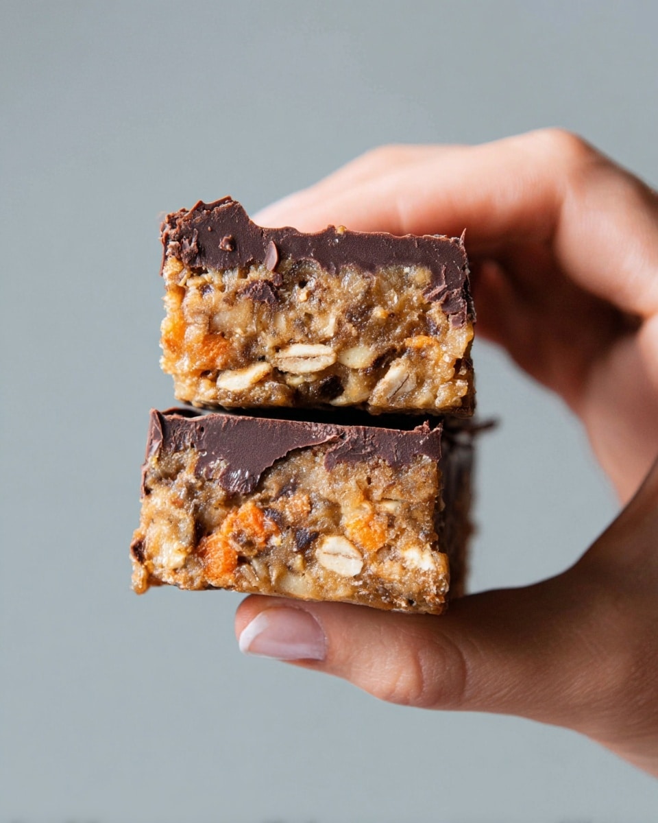 A close-up of a person's hand holding two stacked bars with three visible layers: the bottom and middle layers are thick, soft, and dense with a mix of light brown oat texture and orange carrot pieces, while the top layer is dark brown chocolate that looks smooth and slightly broken in some spots. The hand gently pinches the bars against a plain gray background, highlighting the rich textures and colors of the bar layers. Photo taken with an iphone --ar 4:5 --v 7