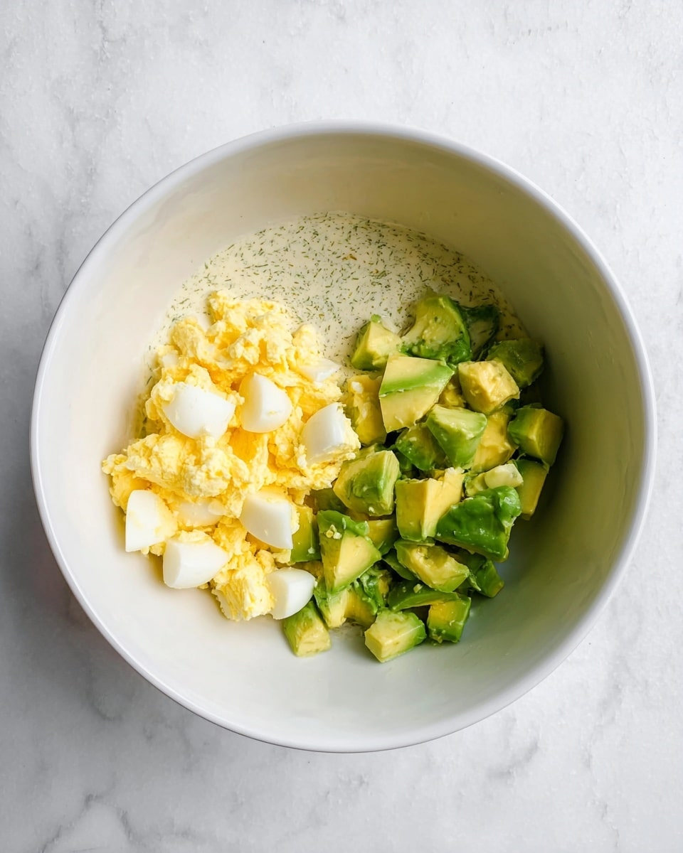 A white bowl sits on a white marbled surface, holding three main layers inside. At the bottom is a light creamy mixture with a slightly speckled texture, likely herb seasoning. On one side inside the bowl, there are soft yellow and white chunks of chopped boiled egg, and on the other side, there are bright green pieces of diced avocado. The ingredients are neatly separated, showing clear color contrast with the creamy base underneath. photo taken with an iphone --ar 4:5 --v 7