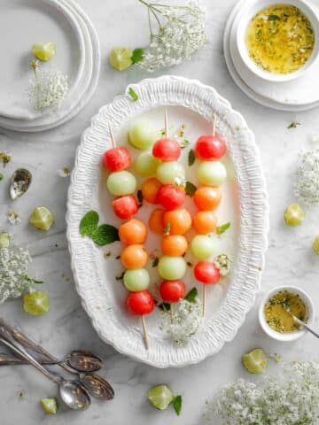 Melon Skewers with Honey Lime Mint Drizzle Recipe