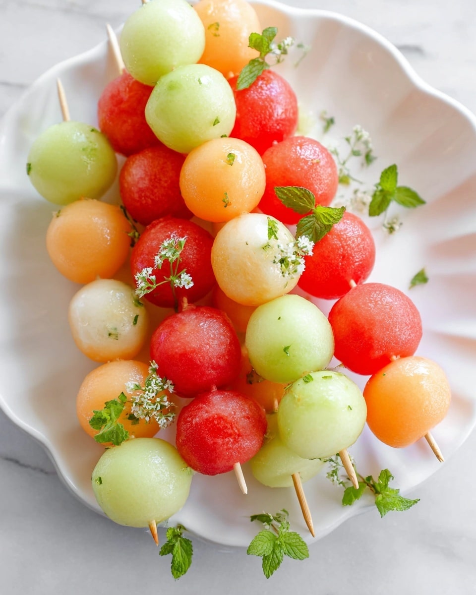 The image shows several skewers with round melon balls layered in groups of three. Each skewer has a mix of red watermelon, orange cantaloupe, and pale green honeydew melon balls stacked vertically. The melon balls are smooth and shiny, with some sprinkled bits of green mint leaves. A few small mint leaves and tiny white flowers are scattered around the skewers on a white plate with a wavy edge. The entire scene is set on a white marbled surface. photo taken with an iphone --ar 4:5 --v 7