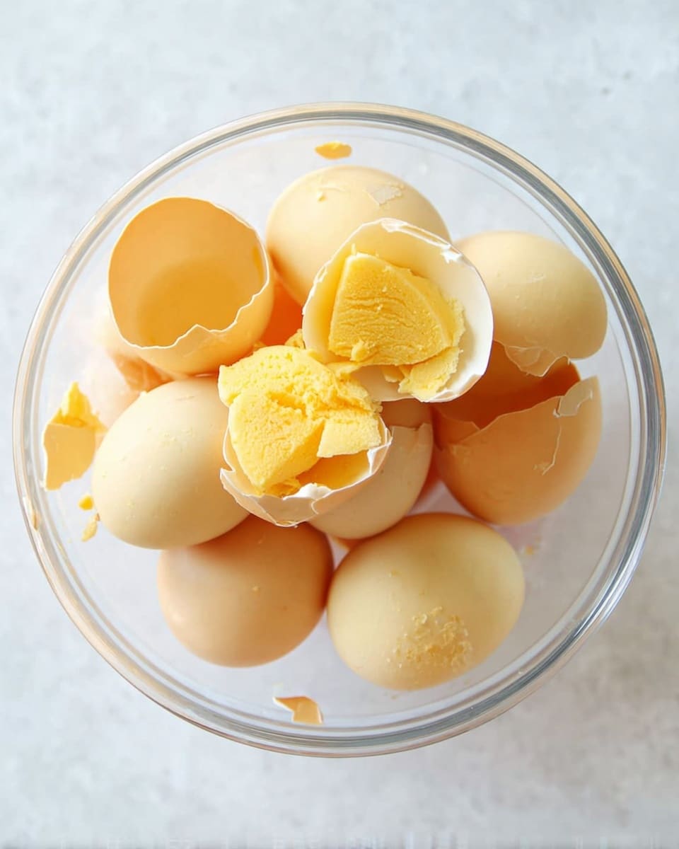 The image shows a clear glass bowl with about ten boiled eggs inside, some whole and some partly broken, revealing a dense and slightly crumbly yellow yolk. The eggs are light beige to pale yellow in color with small cracks and pieces peeling off from the shells. The bowl is placed on a white marbled surface, giving a clean and bright look. photo taken with an iphone --ar 4:5 --v 7