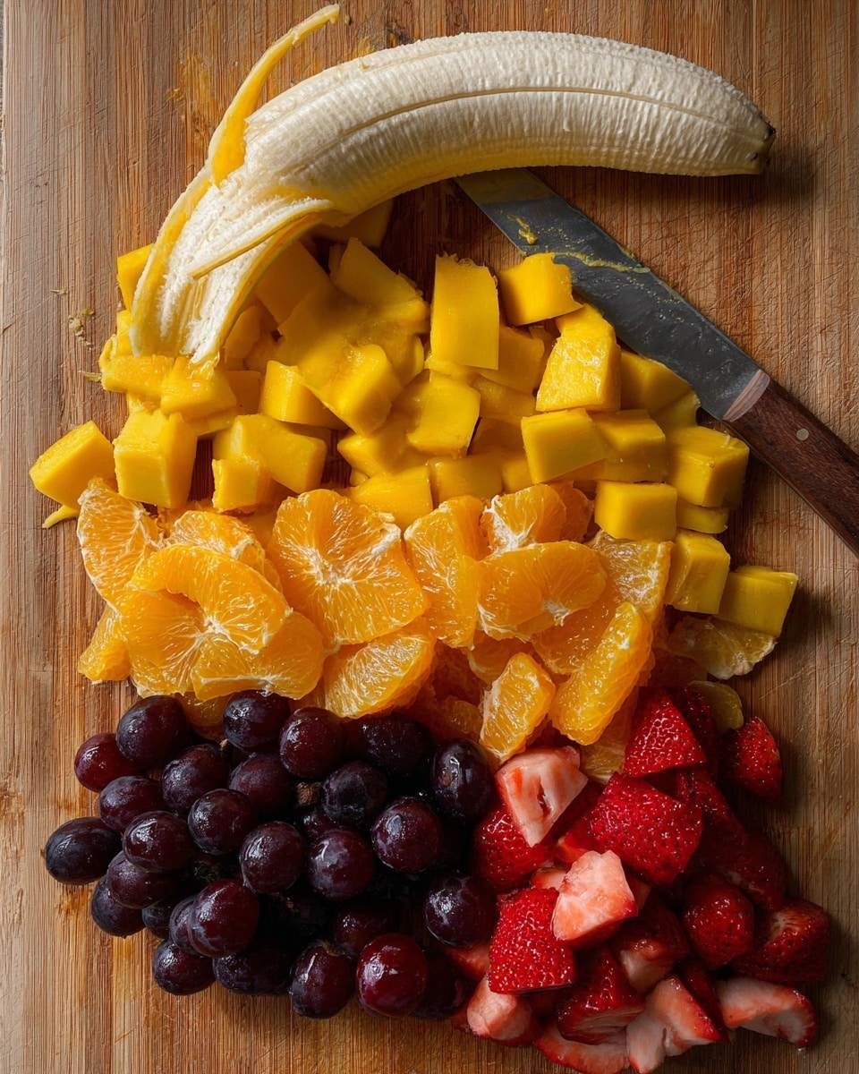 The image shows four layers of fruit arranged closely on a wooden cutting board. On the top, there is a peeled banana with a light cream texture and some peel still hanging. Below the banana, there are bright orange-yellow cubes of mango with a moist, smooth surface. Under the mango, orange slices are placed, showing a shiny and juicy texture with some white pith visible. At the bottom, dark purple grapes sit above a layer of red strawberry pieces, which have a slightly rough texture and visible seeds. A knife with a wooden handle and some fruit residue rests near the banana on the board. photo taken with an iphone --ar 4:5 --v 7