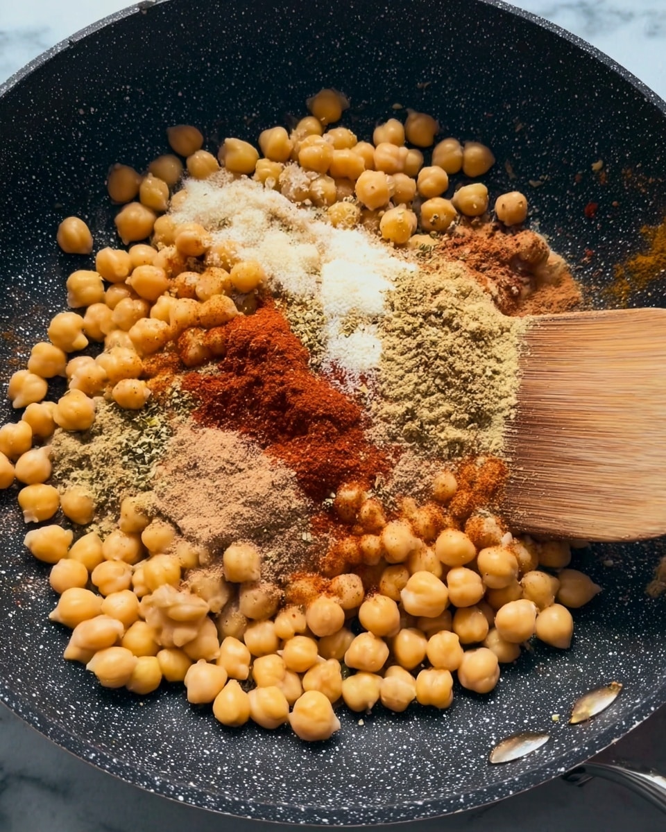 The image shows a close-up view of a dark speckled frying pan filled with round, light yellow chickpeas spread evenly across the pan. On top of the chickpeas, there are layers of different dry spices sprinkled in small piles with colors ranging from white and beige to reddish-brown and light brown, creating a textured mix. A wooden spatula is partially visible on the right side, actively stirring the chickpeas and spices together. The background surface under the pan is a white marbled texture photo taken with an iphone --ar 4:5 --v 7
