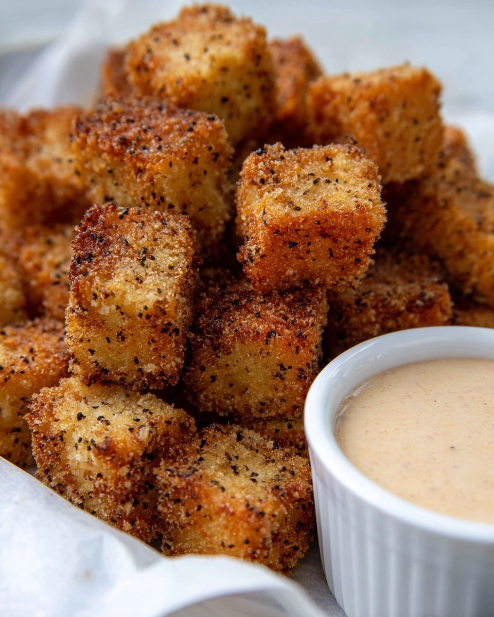The image shows a close-up of a pile of golden brown, crispy fried cubes resting on white parchment paper inside a white dish. Each cube has a rough, crunchy texture with visible seasoning flecks giving a speckled look in darker brown and black colors. To the right is a small, white bowl filled with smooth, light beige dipping sauce. The background is a white marbled texture with soft natural lighting highlighting the crunch on the cubes. photo taken with an iphone --ar 4:5 --v 7