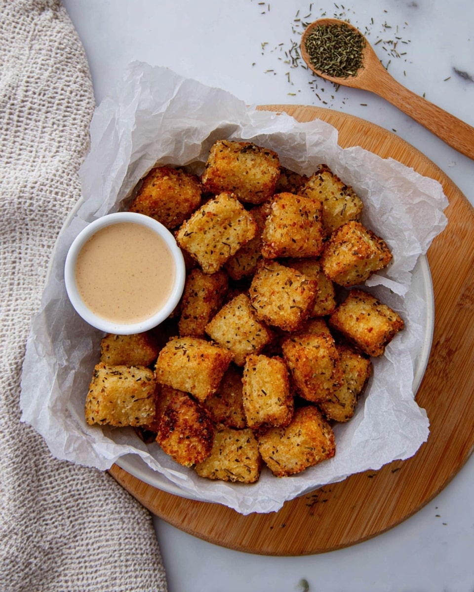 A white bowl lined with crumpled white parchment paper is filled with many square-shaped, golden brown crispy nuggets that have a slightly rough texture and visible seasoning. On the left side inside the bowl, there is a small white cup with a smooth, light beige dipping sauce. The bowl is placed on a round wooden board, resting on a white marbled surface. On the upper right, a wooden spoon with green dried herbs is seen, some herbs spilled slightly on the surface. A white textured cloth is partly visible on the top left side. Photo taken with an iphone --ar 4:5 --v 7