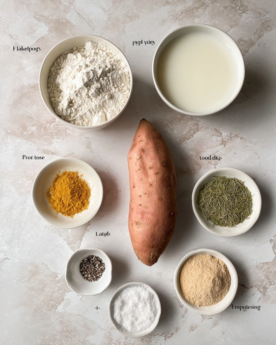 The image shows several cooking ingredients arranged on a white marbled surface. At the center lies a single large sweet potato with a brownish-orange skin. Starting from the top left, there is a white bowl filled with all purpose flour, textured with soft white powder. To the right of that, a white bowl contains plant milk, smooth and light in color. Moving down to the bottom left corner, a small white dish holds salt and black pepper, divided into halves with contrasting coarse textures. Just right of the sweet potato is a small round white bowl with yellow onion powder and light brown garlic powder mixed together with a grainy texture. Above that bowl, a small bowl contains two dry spices—yellow nutritional yeast (Nooch) on one side and green dried dill on the other, creating a split color effect. Below that, another small white dish holds fine white baking powder. All items are neatly spaced on the white marbled texture, photographed from above in soft natural light. photo taken with an iphone --ar 4:5 --v 7
