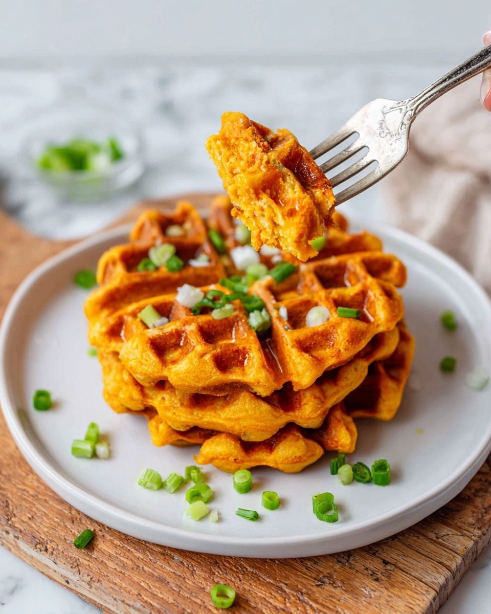Four small orange waffles are stacked slightly on a white plate, with a shiny, soft texture and crisp edges. Bright green chopped onions are sprinkled on top and around the waffles. A fork is lifting the second waffle to show its thick, fluffy inside, with a woman's hand holding the fork. The plate sits on a wooden board, and the background is a white marbled texture. Photo taken with an iphone --ar 4:5 --v 7